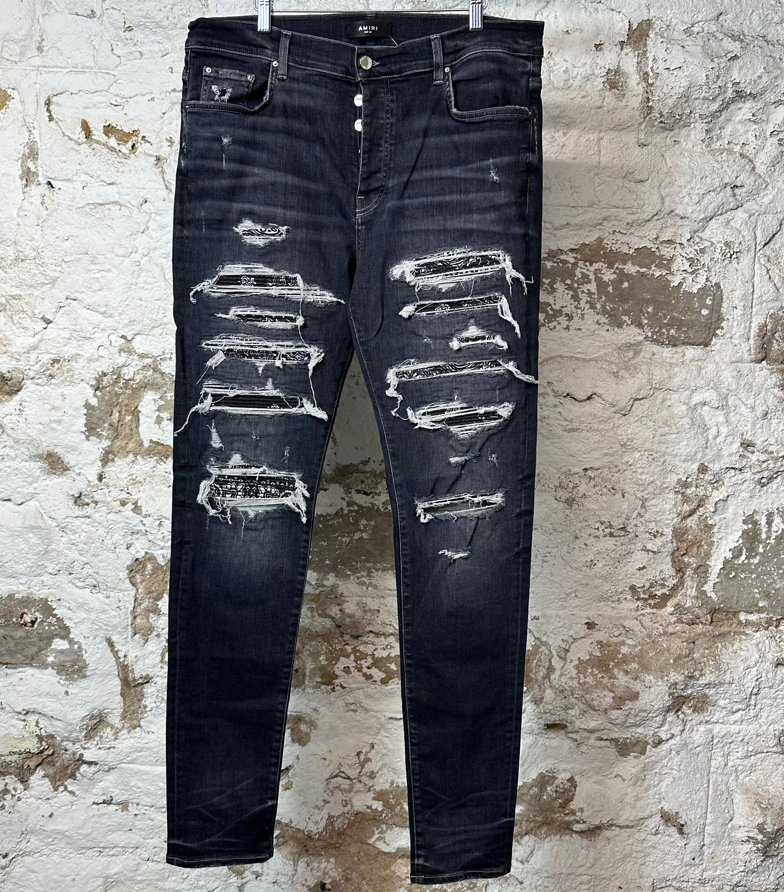 Amiri MX1 Black Paisley Grey Denim Jeans Sz 38