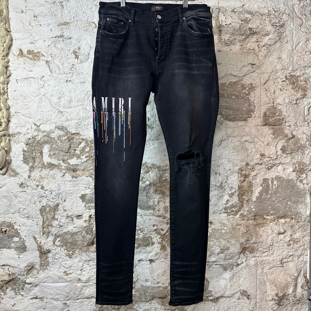 Amiri Paint Drip Spell Black Denim Jeans Sz 36