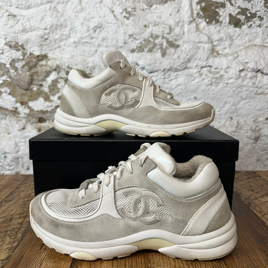 Chanel Gray CC Suede Cream White Sneaker Sz 5.5 (37.5)