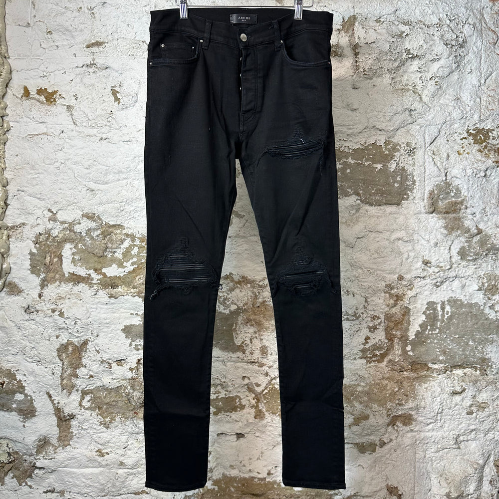 Amiri MX1 Black Leather Black Denim Jeans Sz 32