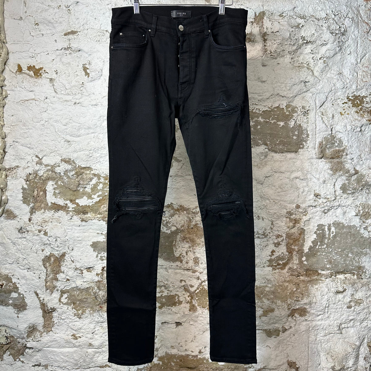 Amiri MX1 Black Leather Black Denim Jeans Sz 32