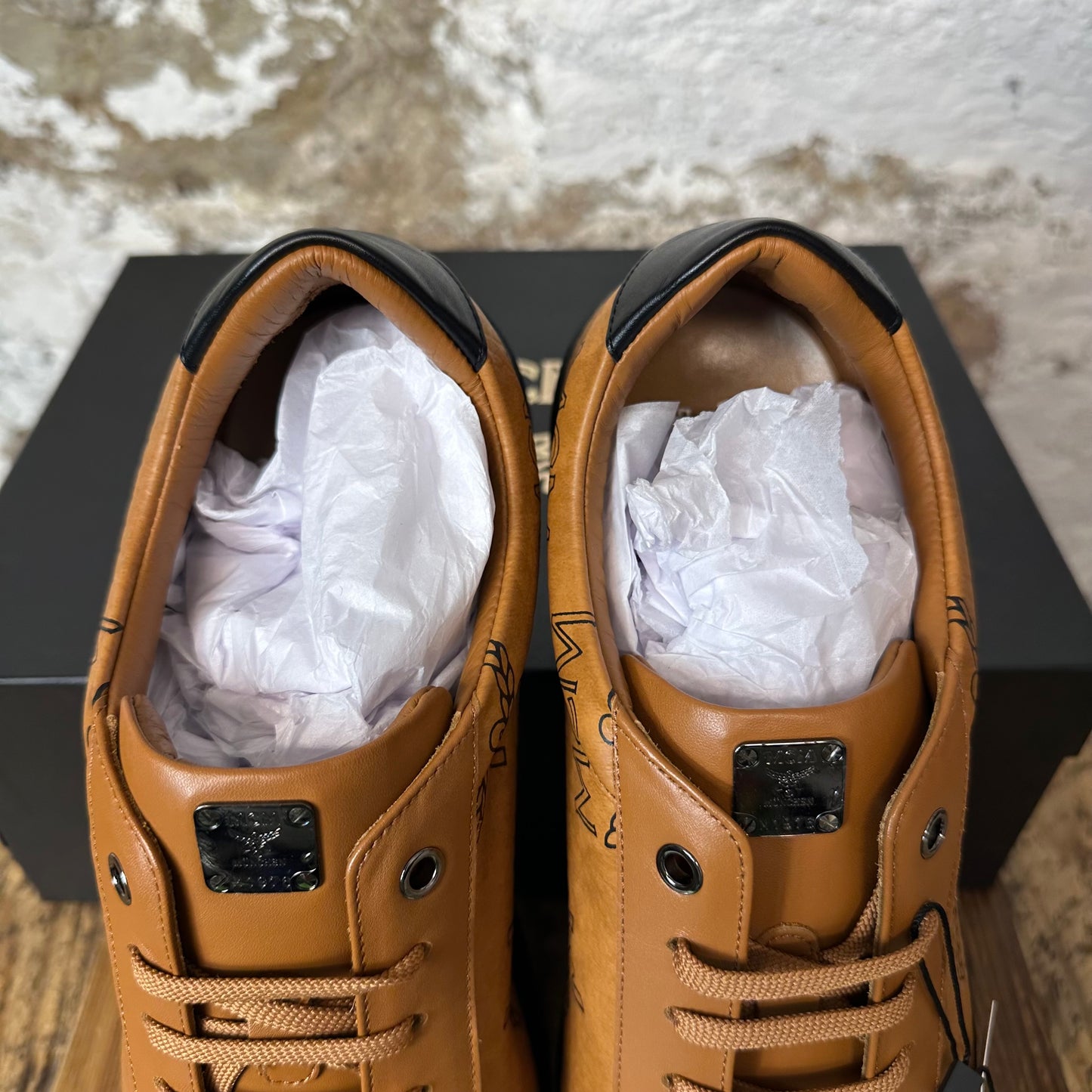 MCM Low Black Monogram Brown Sneaker Sz 11 (44) DS