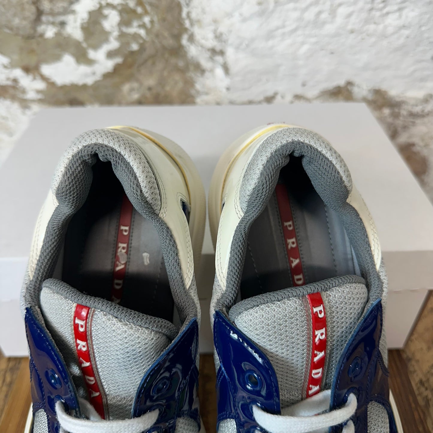 Prada Americas Cup Dark Blue Patent Grey White Sneaker Sz 7