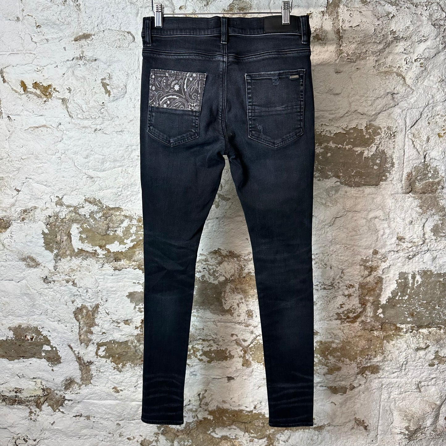 Amiri MX1 Grey Paisley Patches Black Denim Jeans Sz 30