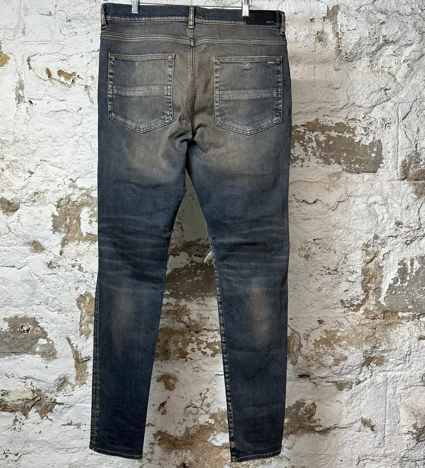 Amiri MX1 Black Leather Dirty Blue Denim Jeans Sz 38