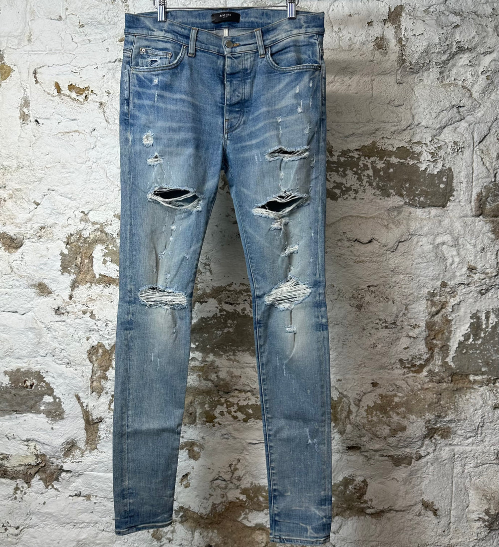 Amiri Plain Blue Distressed Denim Jeans Sz 32