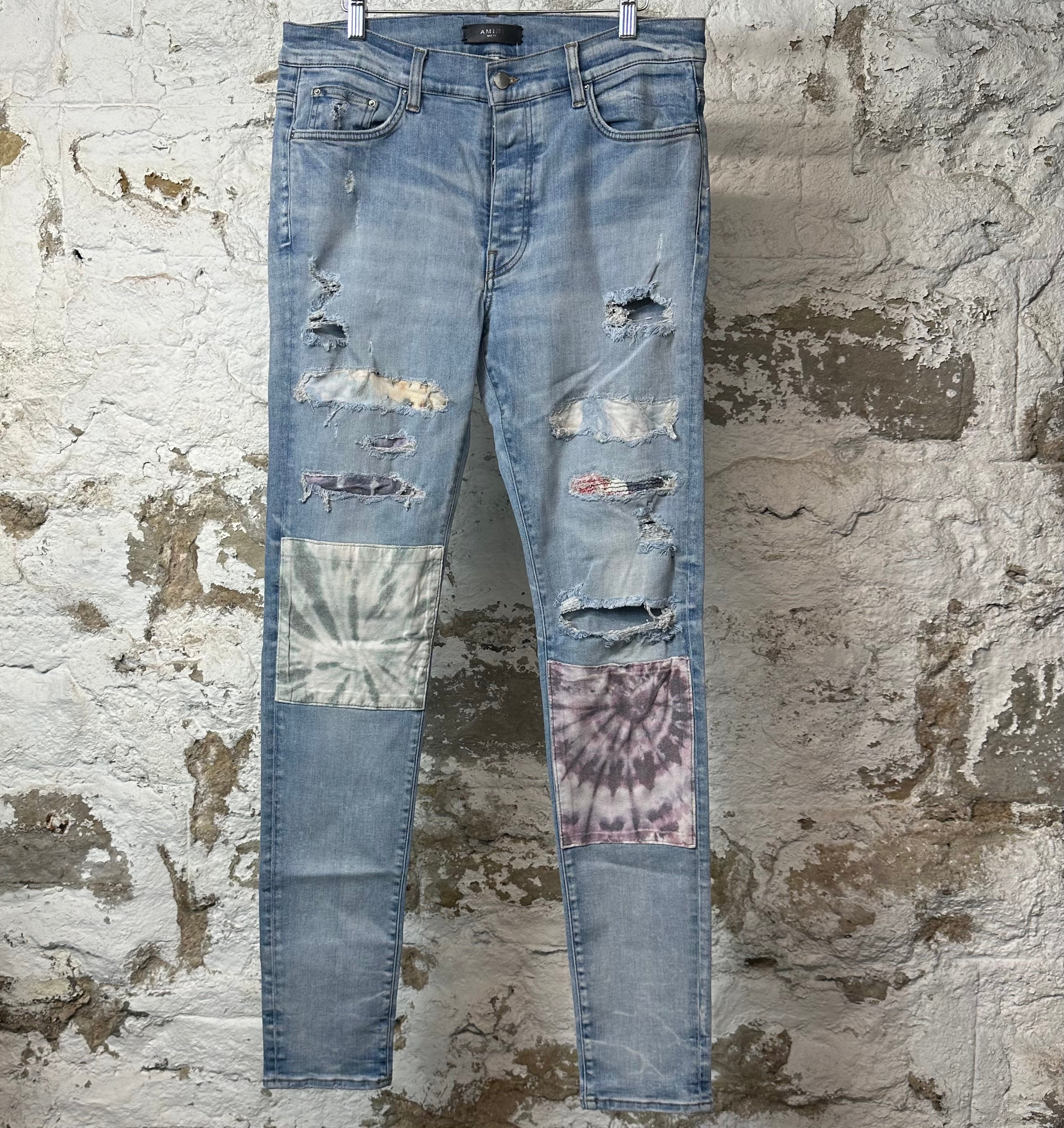 Amiri MX1 Tie Dye Patches Blue Denim Jeans Sz 34