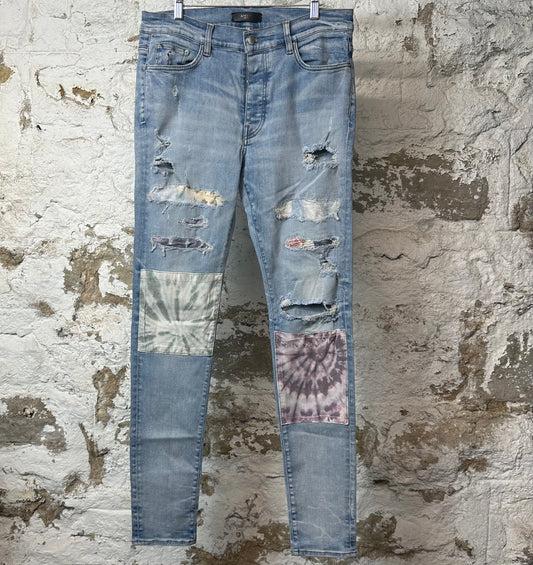 Amiri MX1 Tie Dye Patches Blue Denim Jeans Sz 34