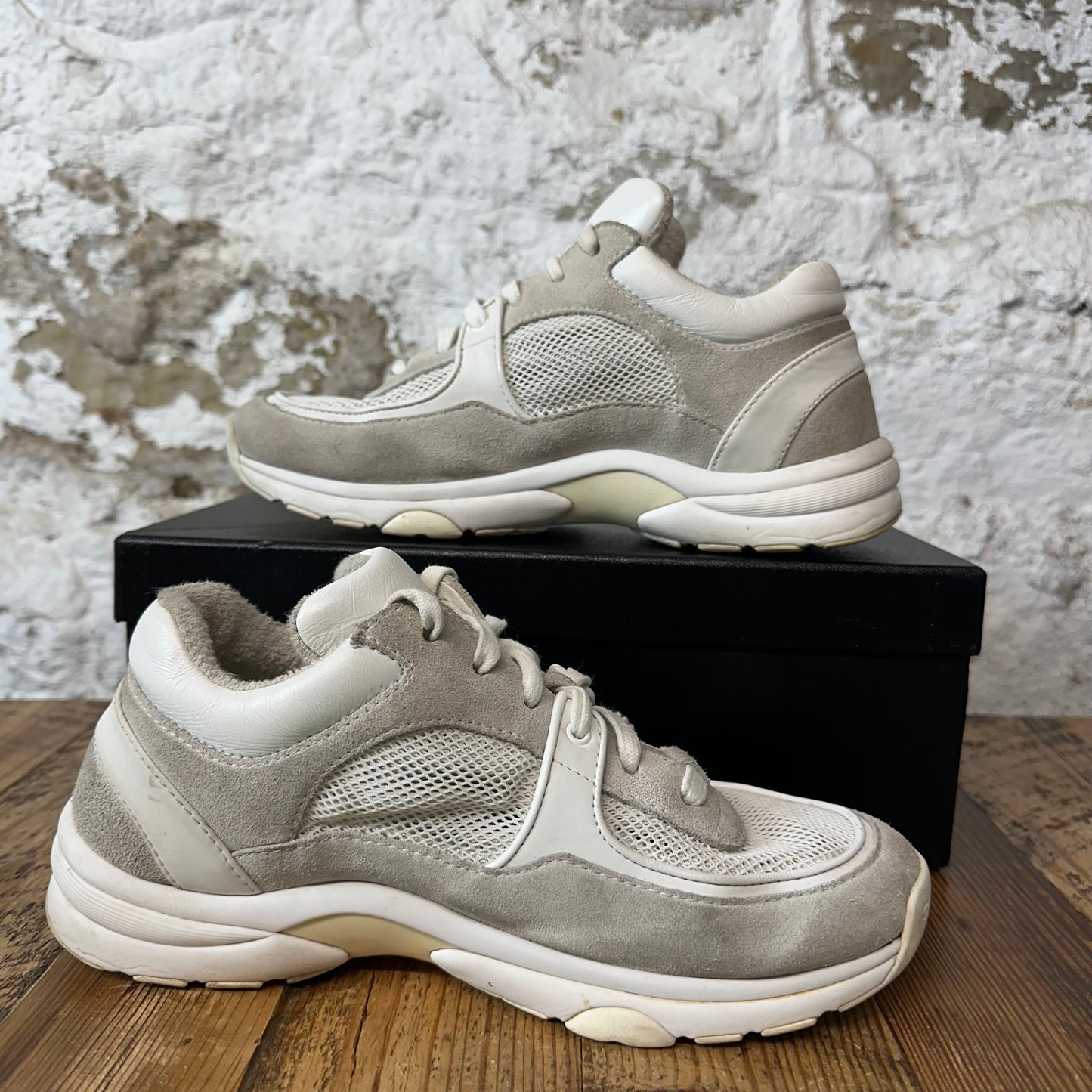 Chanel Gray CC Suede Cream White Sneaker Sz 5.5 (37.5)