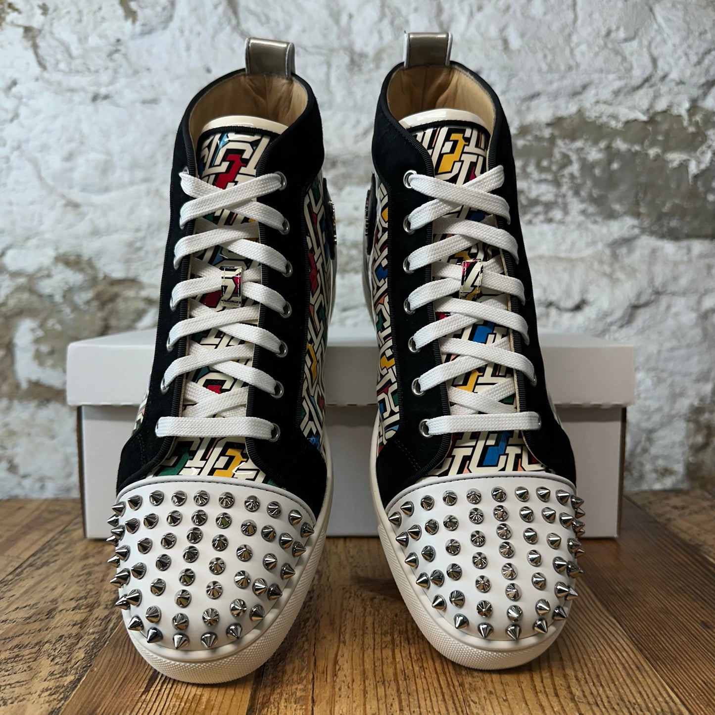 Christian Louboutin High Multicolor Monogram White Spike Sneaker Sz 9 (42)