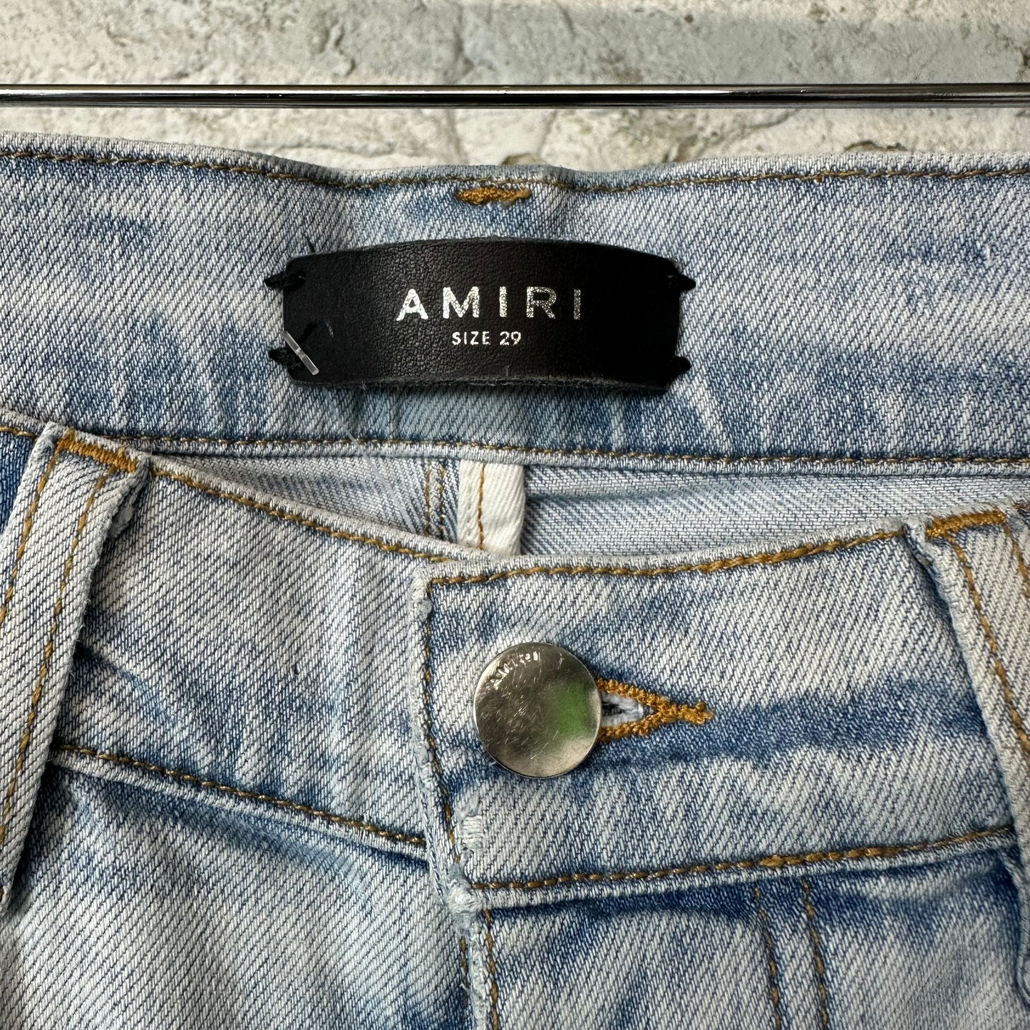 Amiri Knee Rip Varsity Patch Light Blue Denim Jeans Sz 29