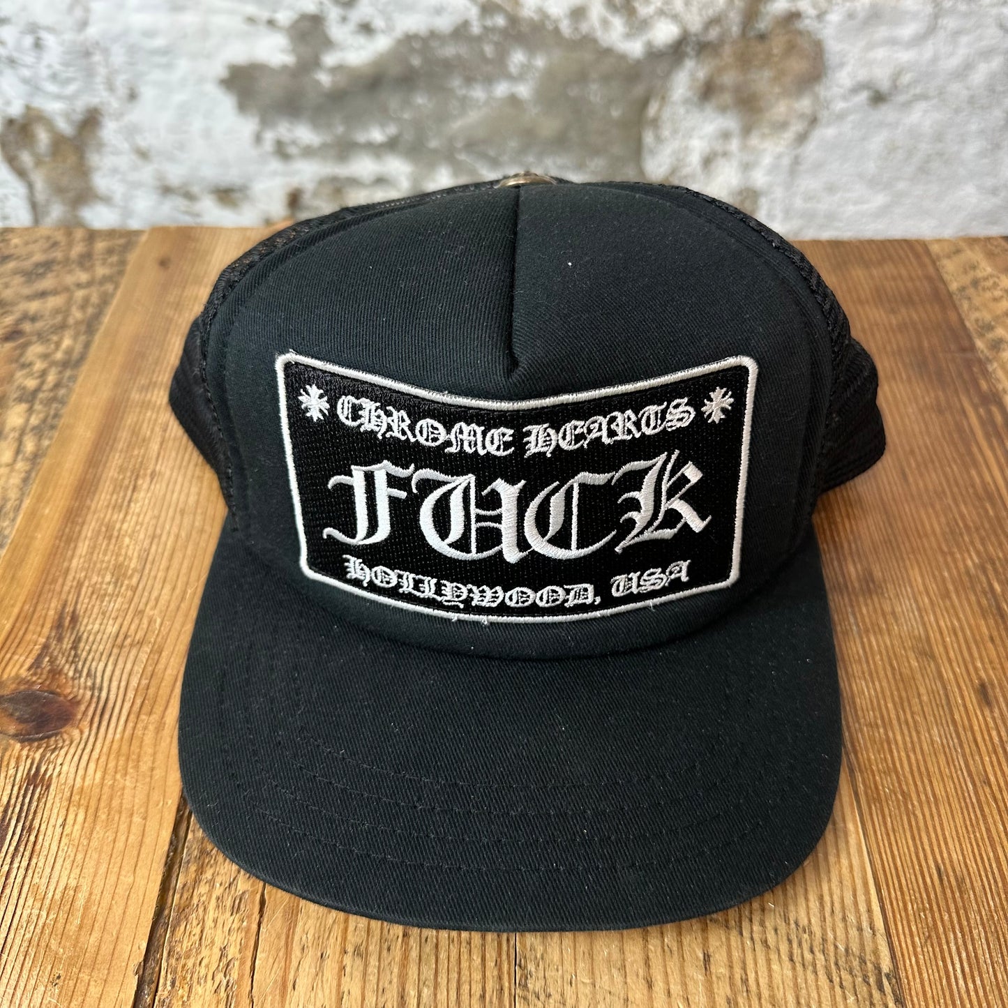 Chrome Hearts Hollywood FUCK Black Trucker Hat
