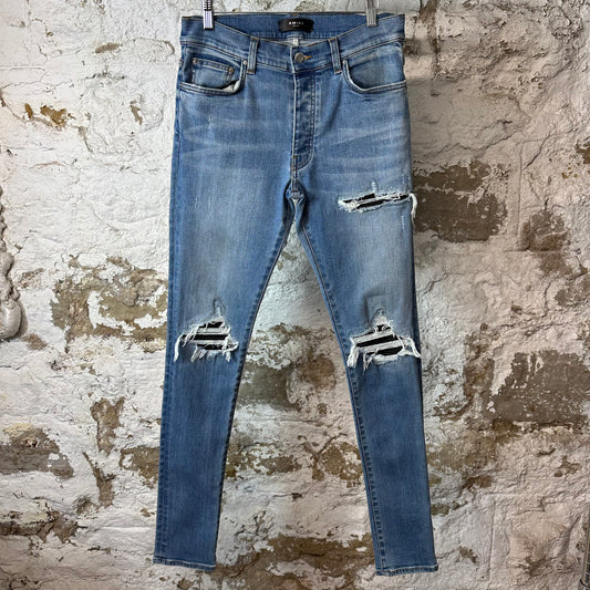 Amiri MX1 Black Leather Blue Denim Jeans Sz 30