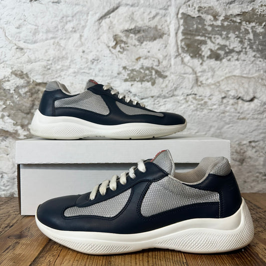 Prada Americas Cup Navy Leather Grey White Sneaker Sz 6.5