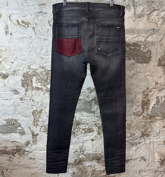 Amiri MX1 Maroon Glitter Grey Denim Jeans Sz 34