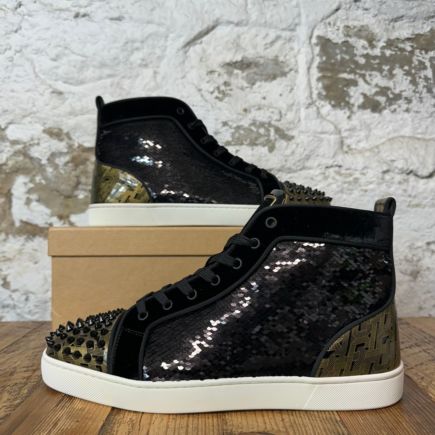 Christian Louboutin High Black Sequen Spike Sneaker Sz 11.5 (44.5) DS