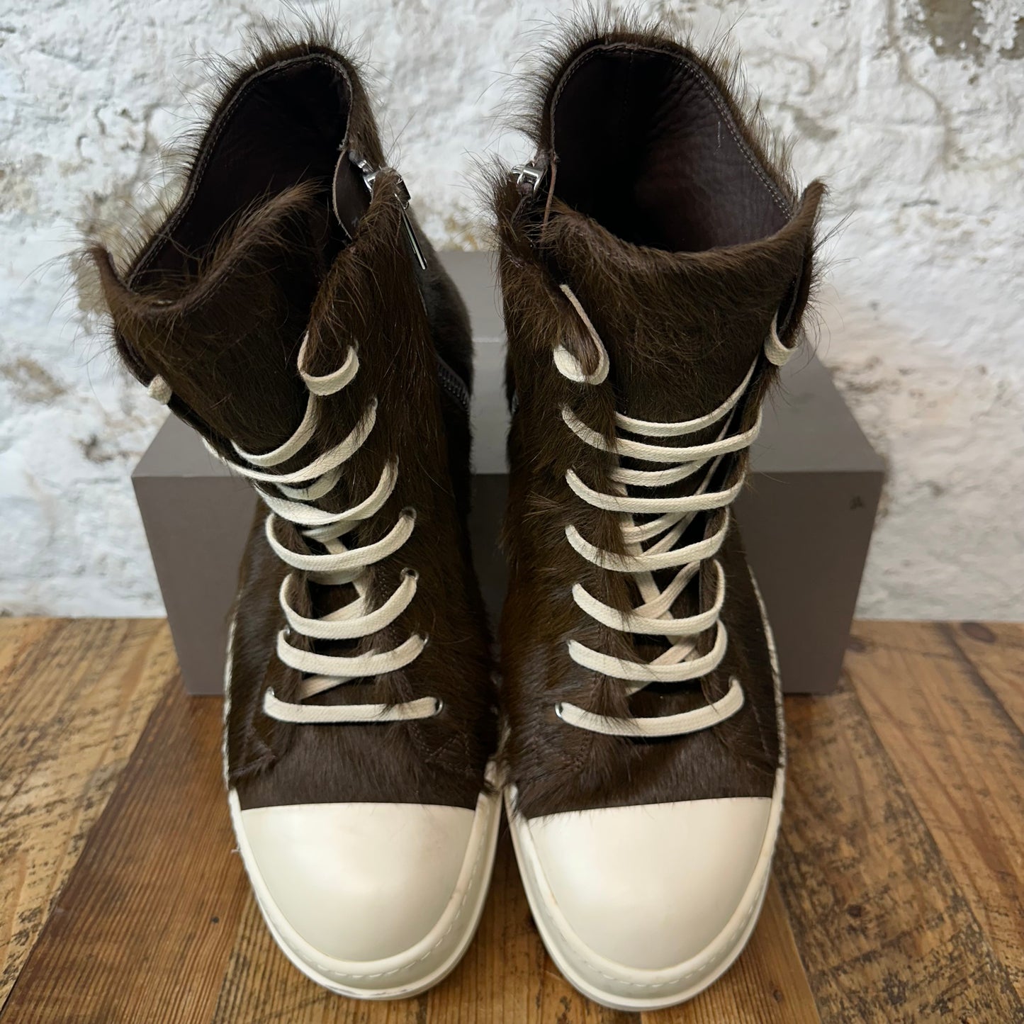Rick Owens High Brown Pony Hair Milk Sneaker Sz 14 (47)
