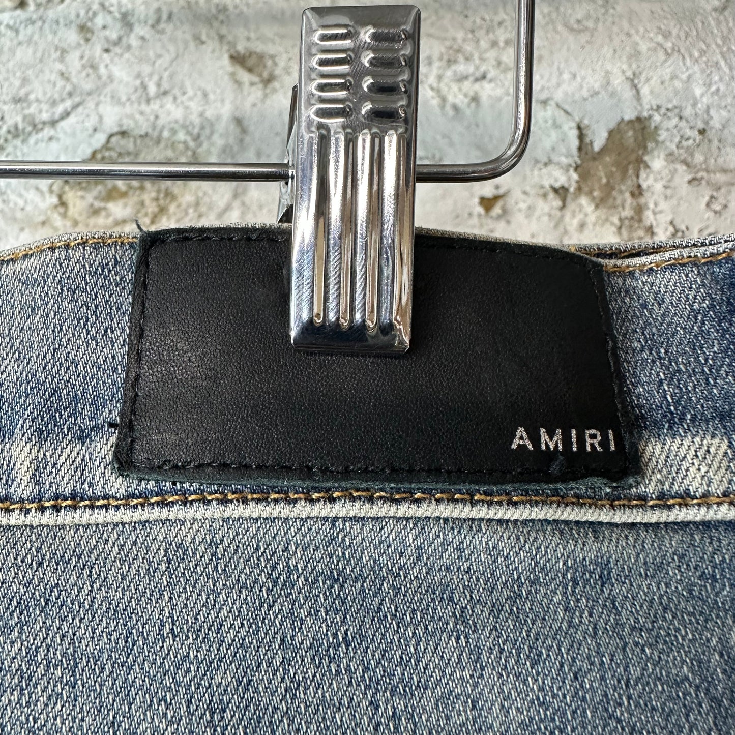 Amiri MX1 Black Leather Dirty Blue Denim Jeans Sz 34