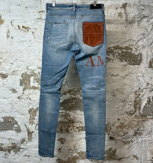 Amiri Brown Leather Spell Blue Denim Jeans Sz 31