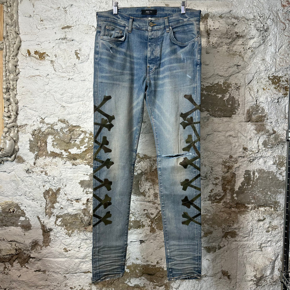 Amiri Green Camo Bones Blue Denim Jeans Sz 34