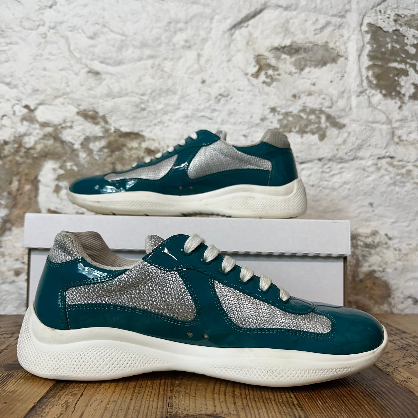Prada Americas Cup Teal Green Patent Sneaker Sz 7
