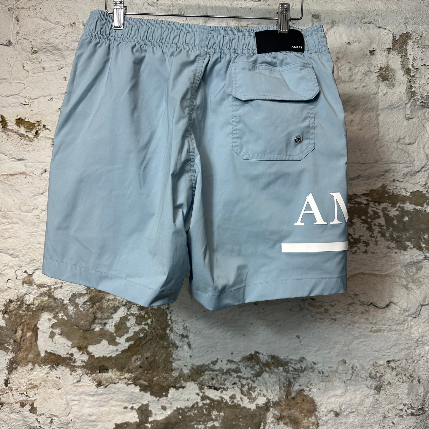 Amiri White Bar Logo Light Blue Shorts Sz M
