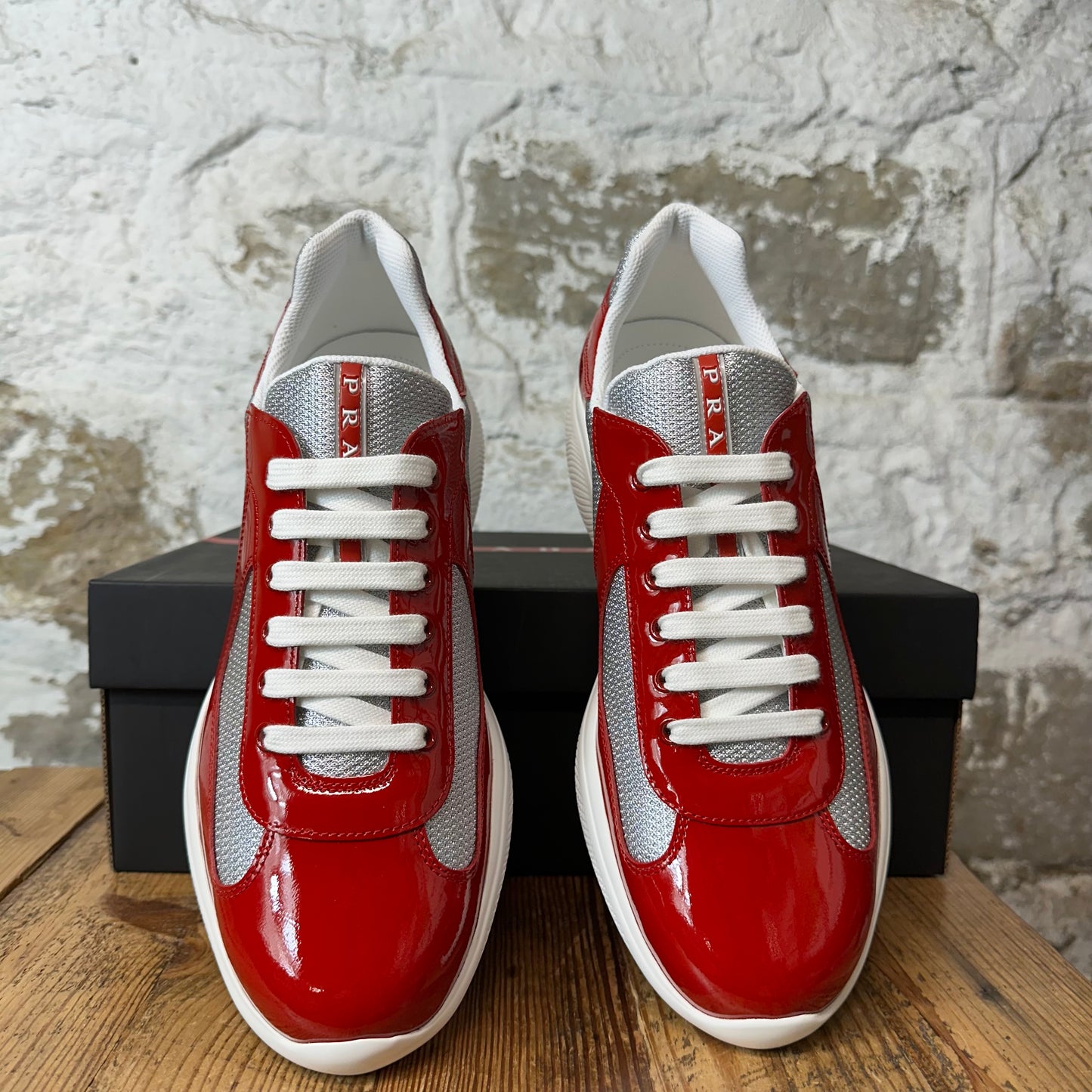 Prada Americas Cup Red Patent Grey White Sneaker Sz 11 DS