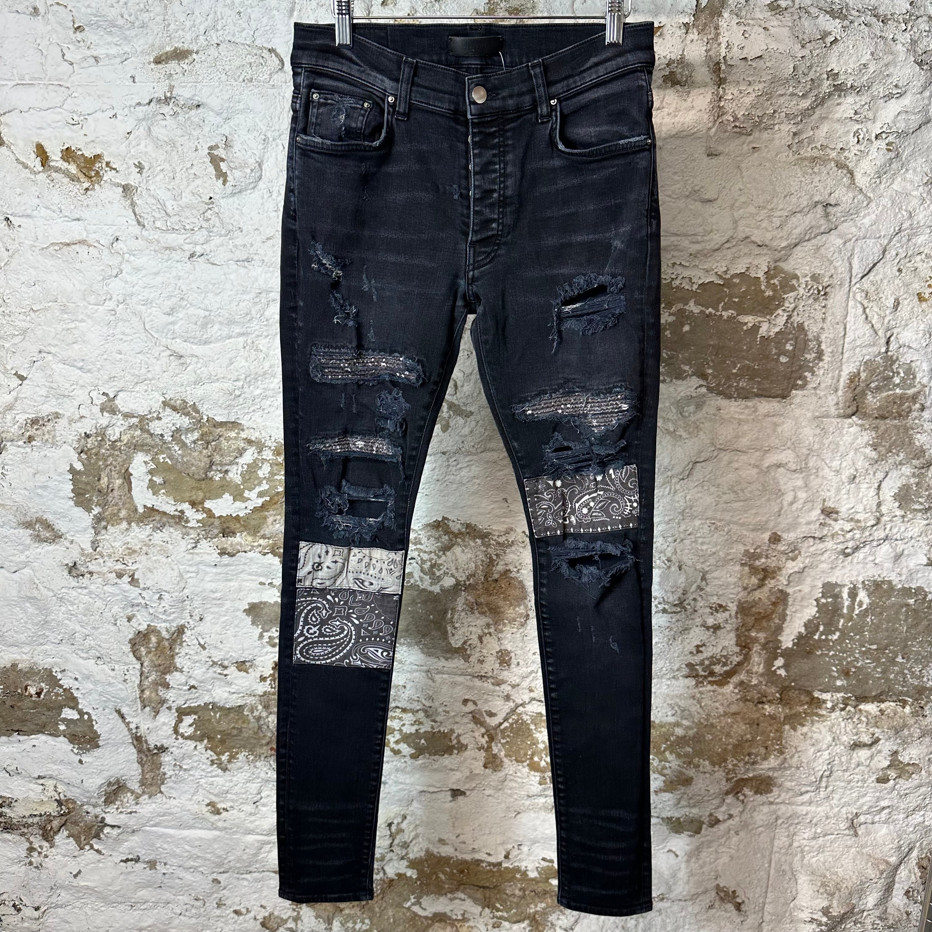Amiri MX1 Grey Paisley Patches Black Denim Jeans Sz 30