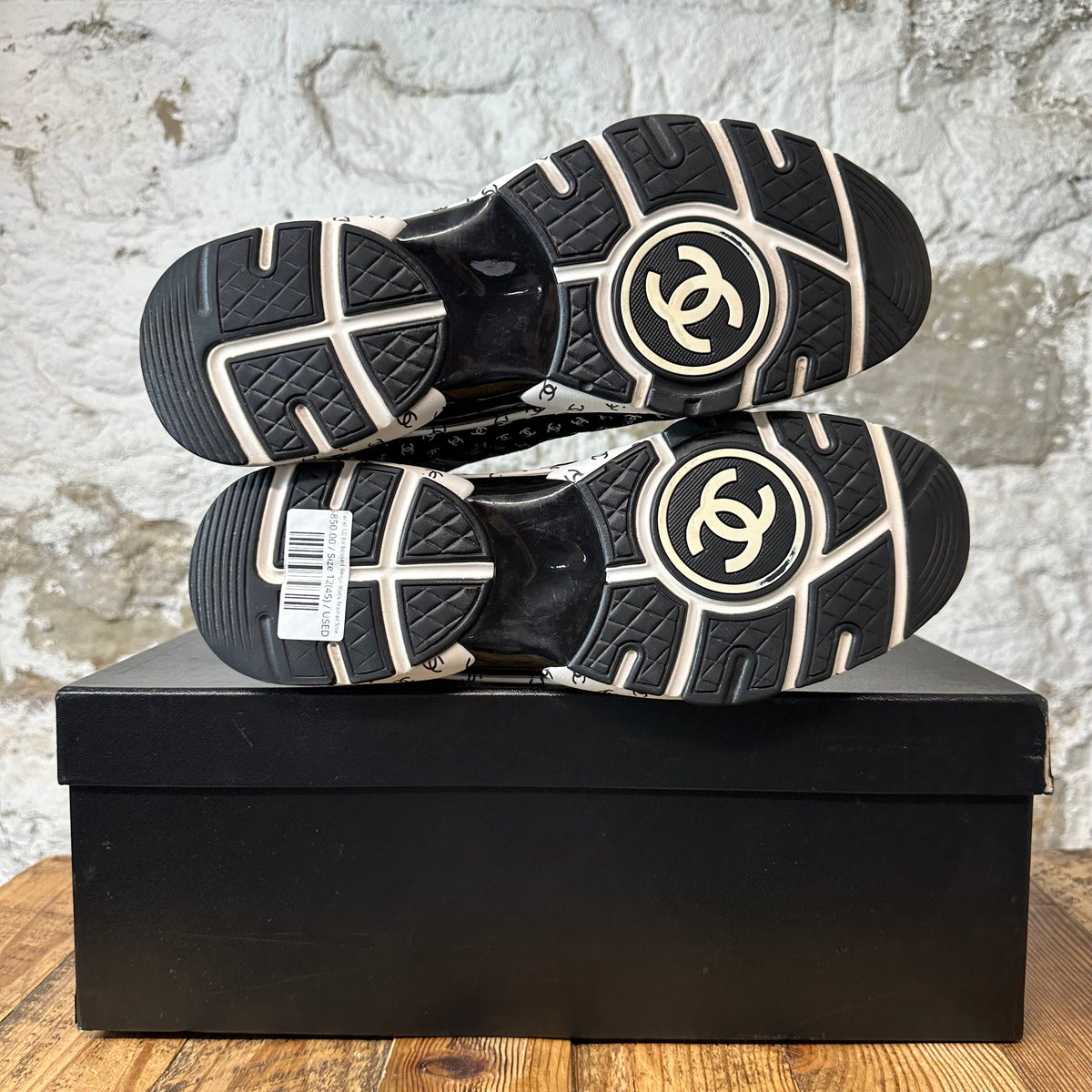 Chanel CC Embossed Beige Black Trainer Sneaker Sz 12 (45)