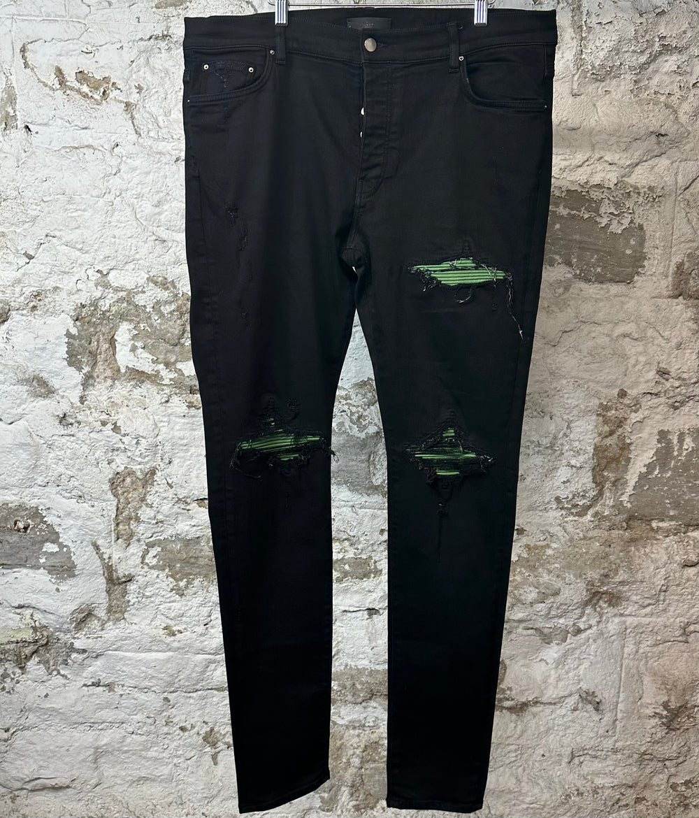 Amiri MX1 Green Leather Black Denim Jeans Sz 38