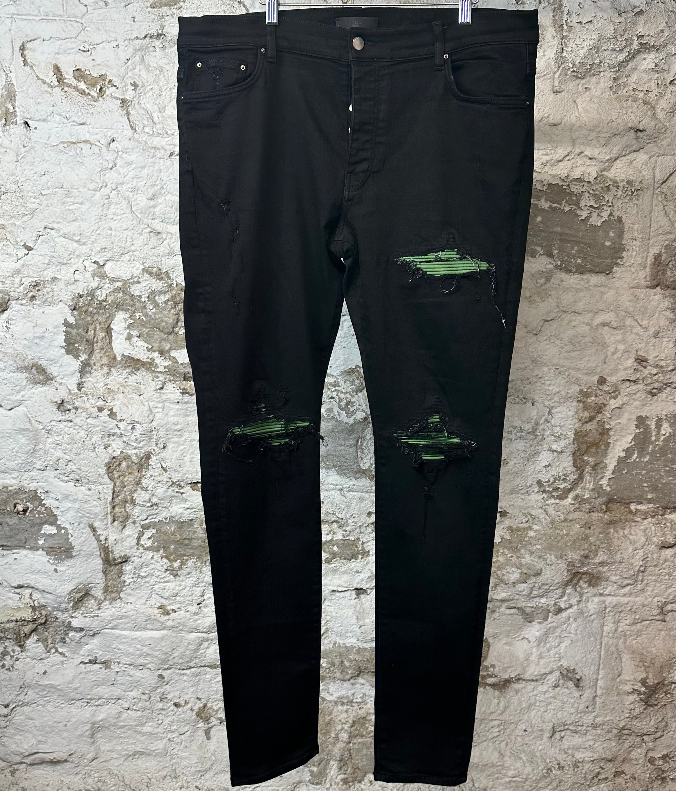 Amiri MX1 Green Leather Black Denim Jeans Sz 38