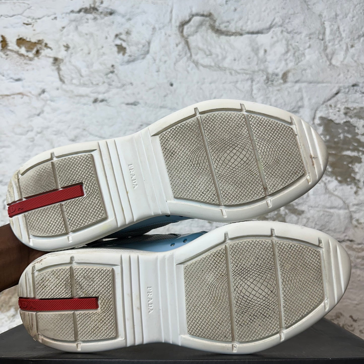 Prada Americas Cup Baby Blue Patent Gray White Sneaker Sz 9.5