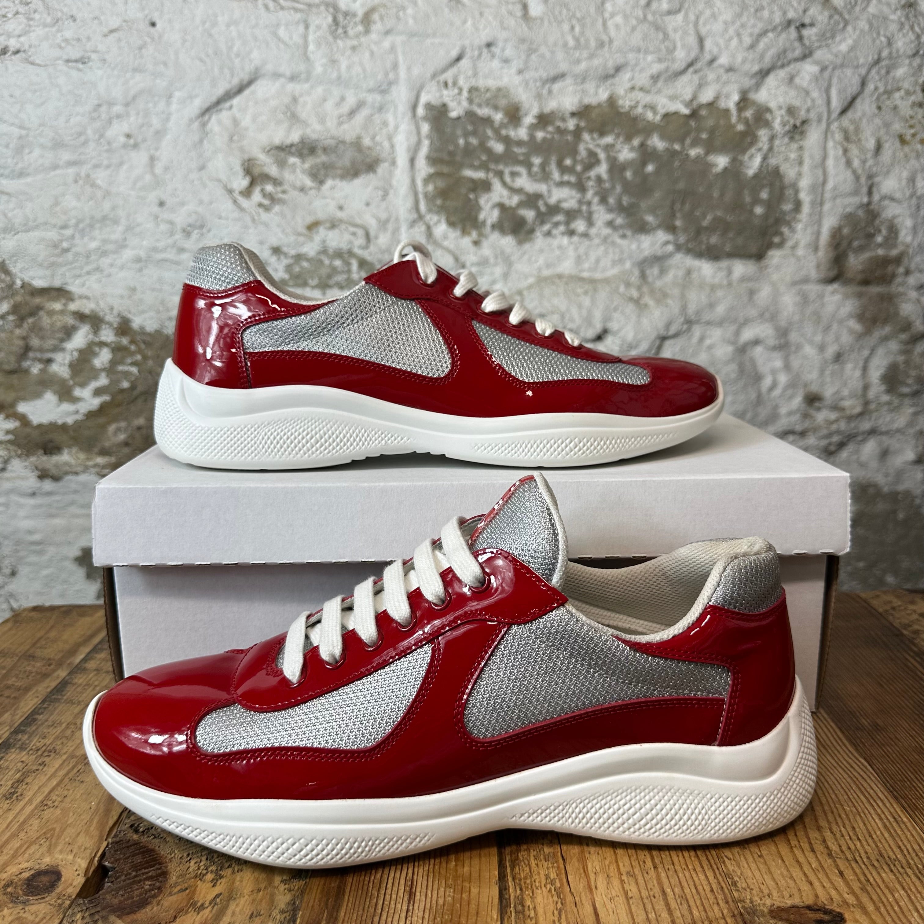 Prada Americas Cup Red Patent Grey White Sneaker Sz 9