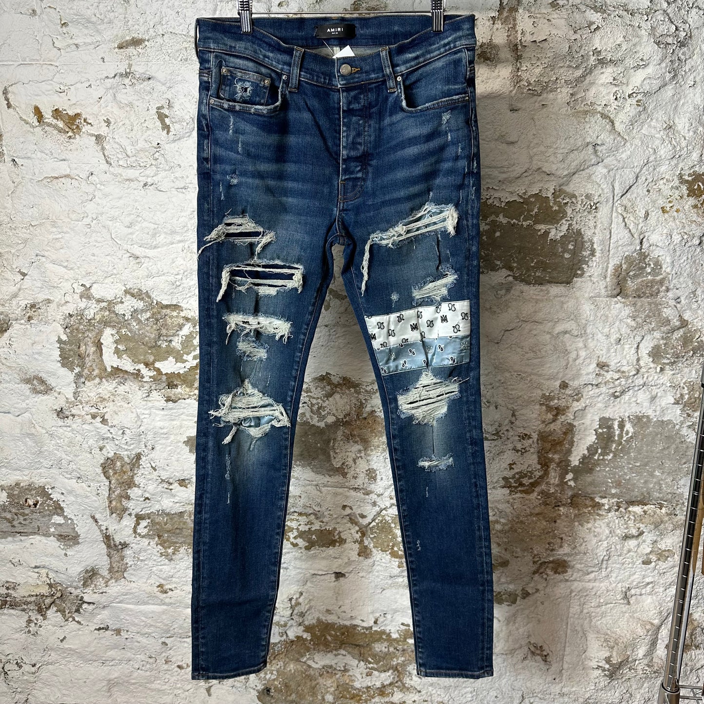Amiri Satin Paisley Patches Dark Blue Denim Jeans Sz 34