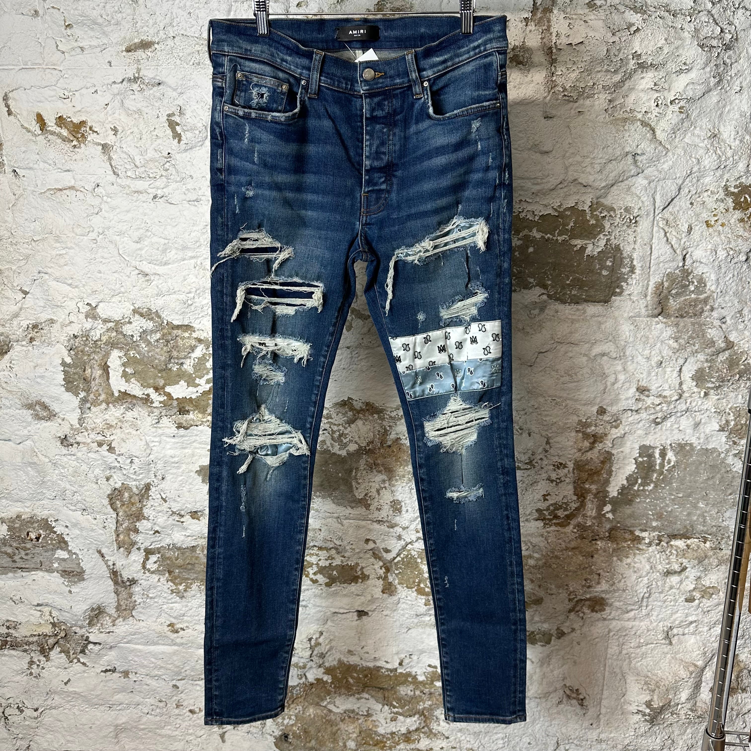 Amiri Satin Paisley Patches Dark Blue Denim Jeans Sz 34