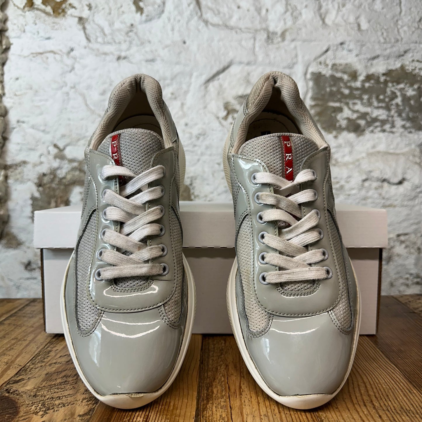 Prada Americas Cup Grey Patent White Sneaker Sz 7.5