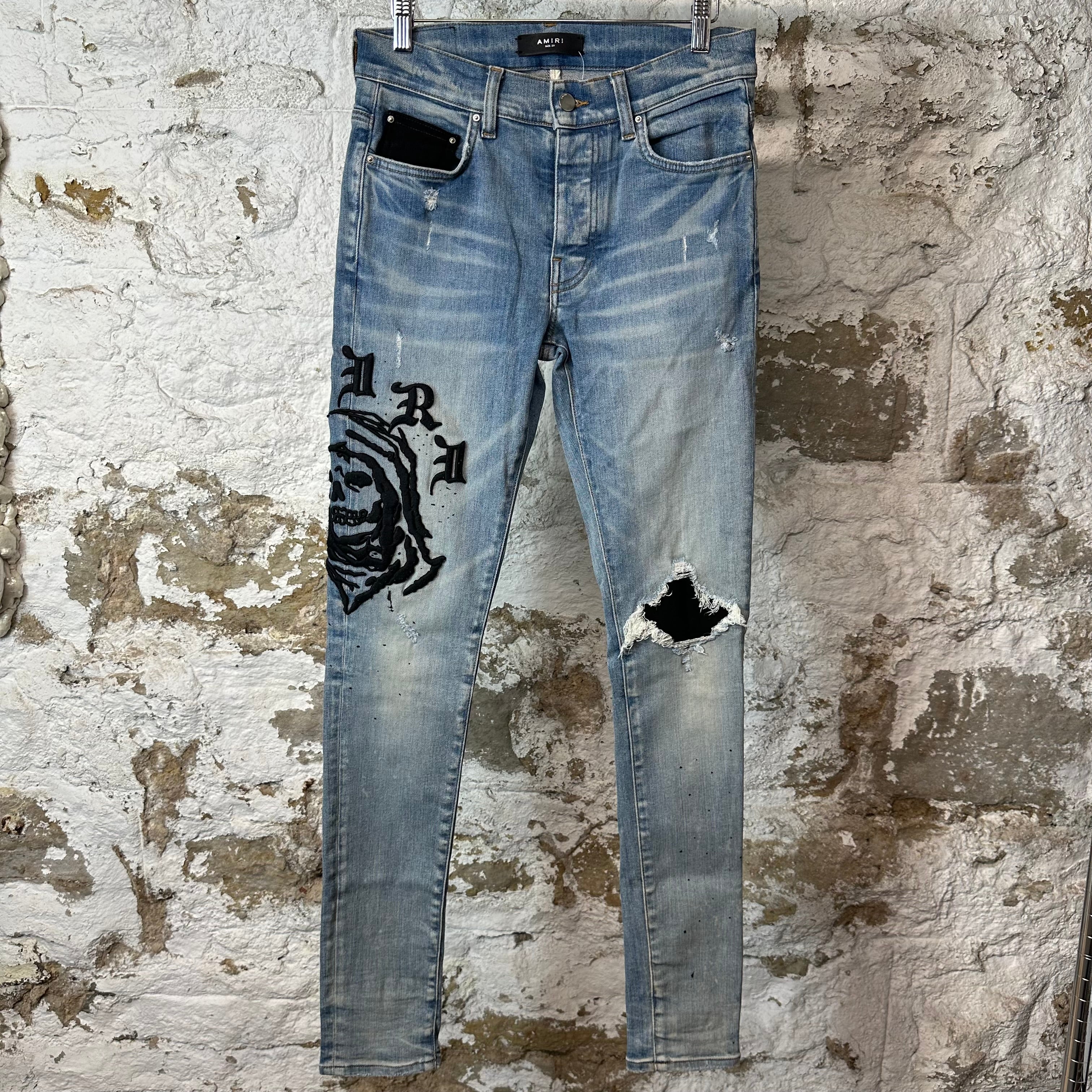 Amiri Embroidered Reaper Logo Blue Denim Jeans Sz 29
