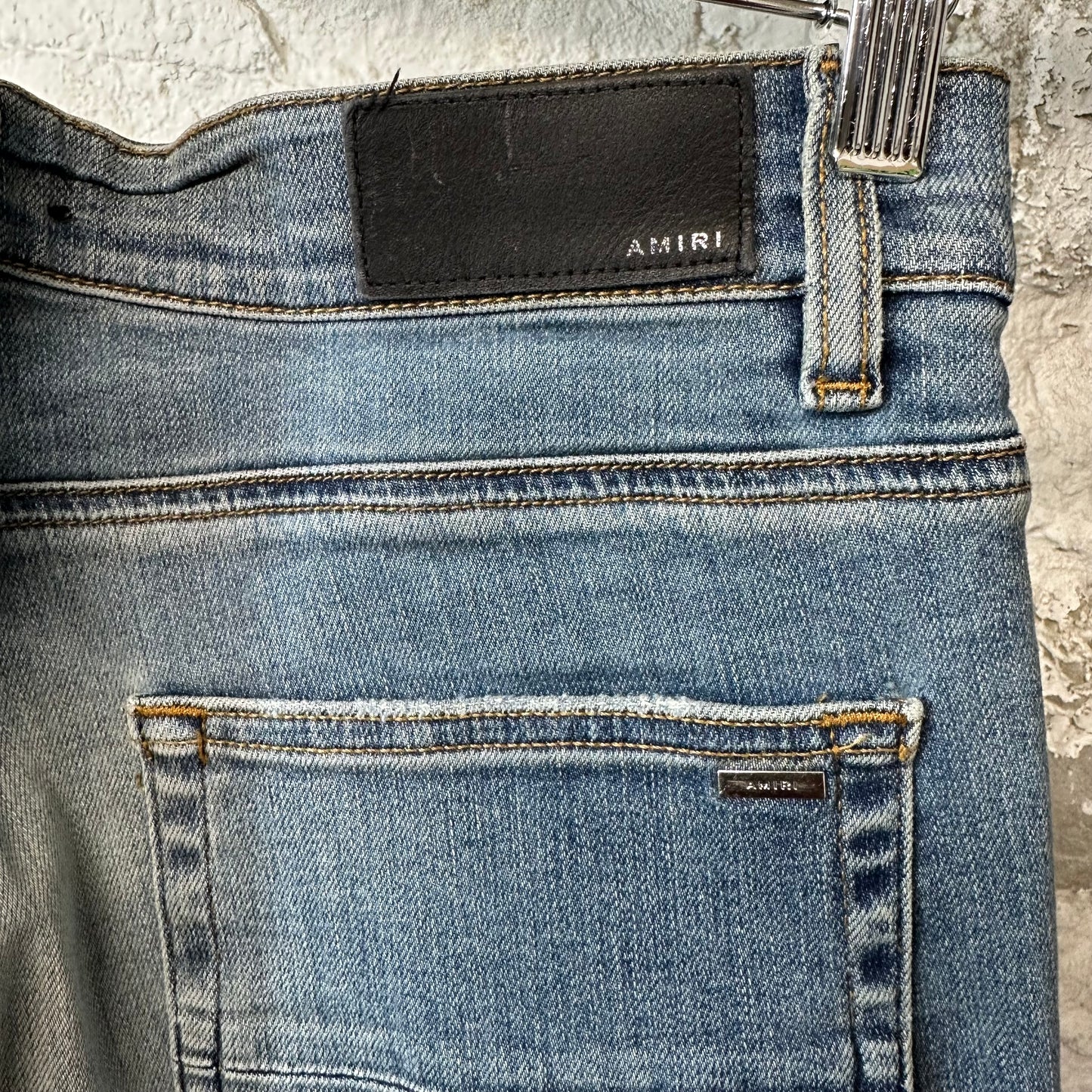 Amiri MX1 Brown Acid Patch Blue Denim Jeans Sz 33