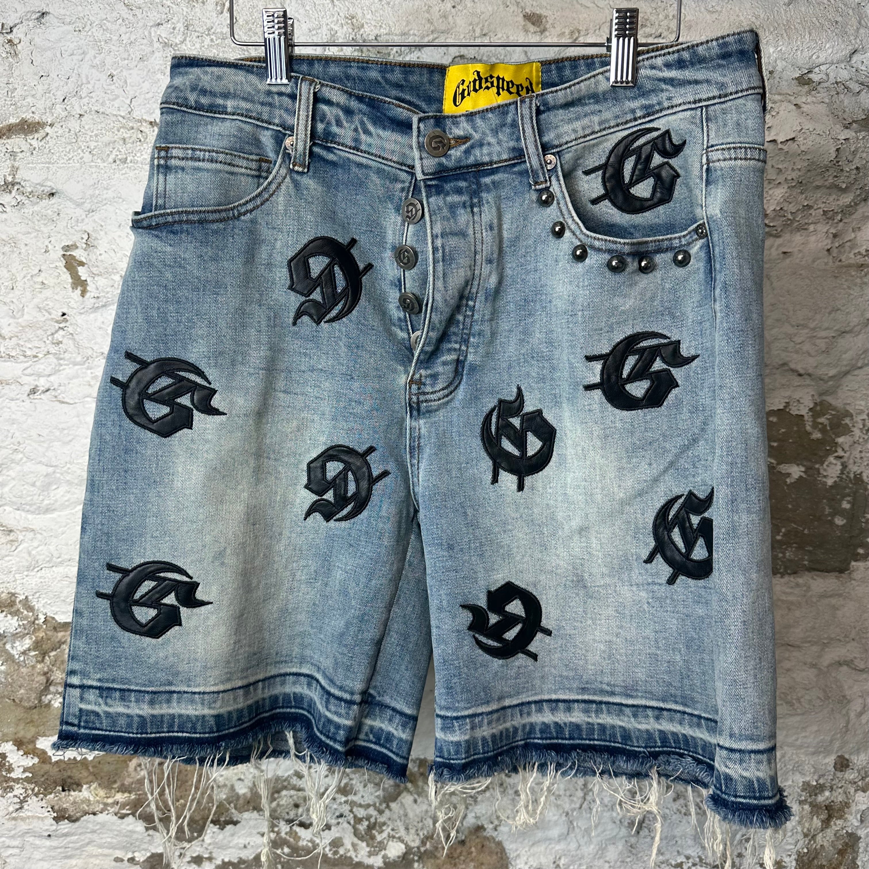 Godspeed Leather G Patch Blue Denim Shorts Sz 30