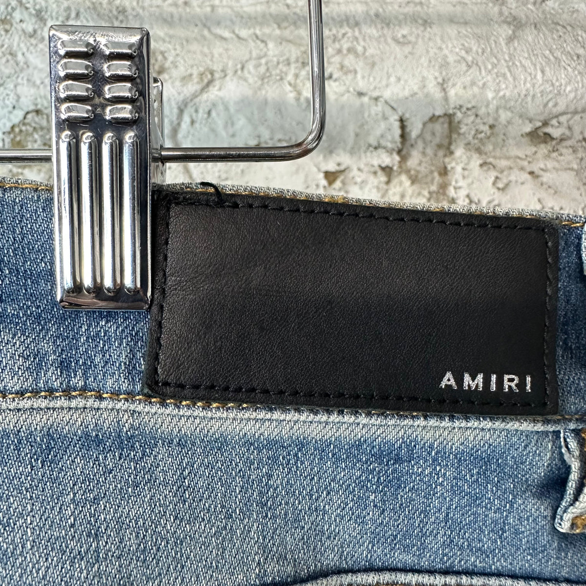 Amiri MX1 Brown Leather Core Logo Blue Denim Jeans Sz 34