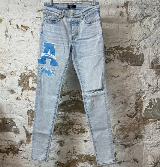 Amiri Knee Rip Varsity Patch Light Blue Denim Jeans Sz 29