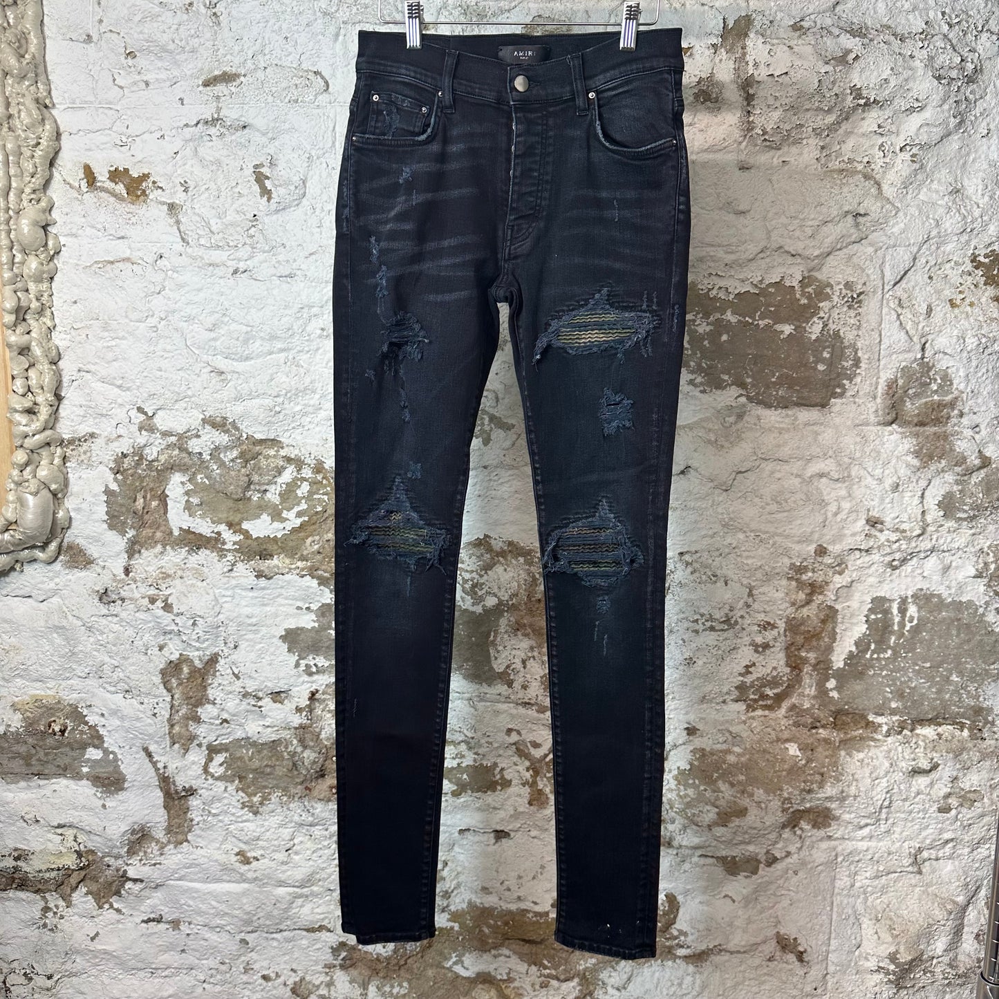 Amiri MX1 Camo Patch Black Denim Jeans Sz 29