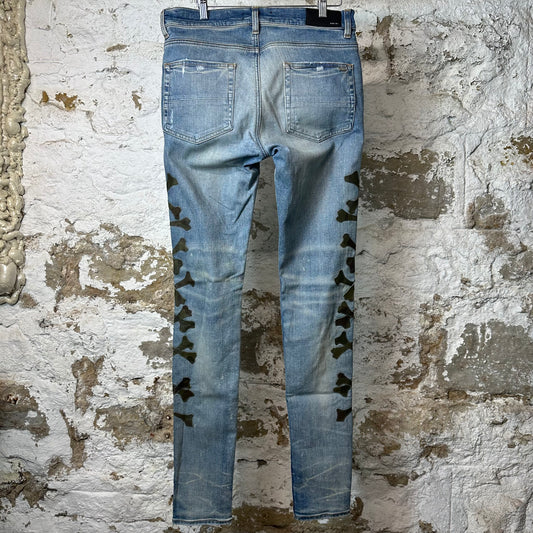 Amiri Green Camo Bones Blue Denim Jeans Sz 32
