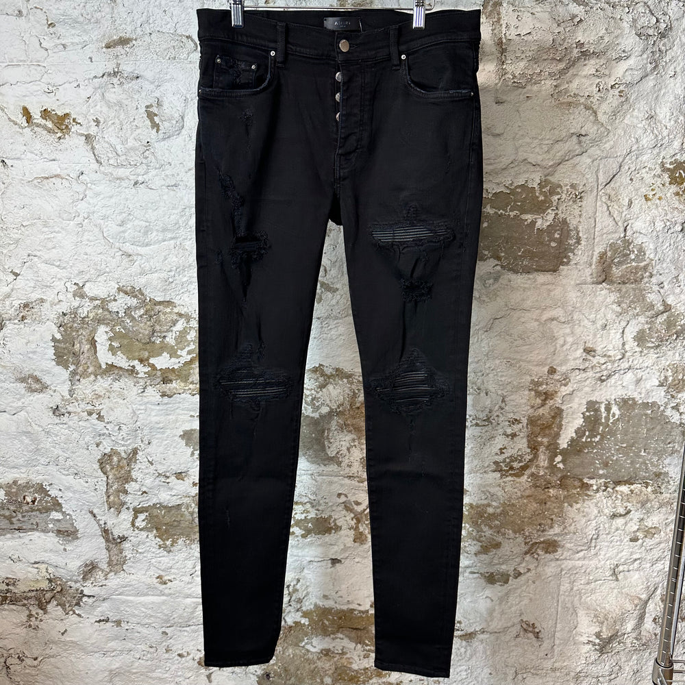 Amiri MX1 Black Leather Black Denim Jeans Sz 33