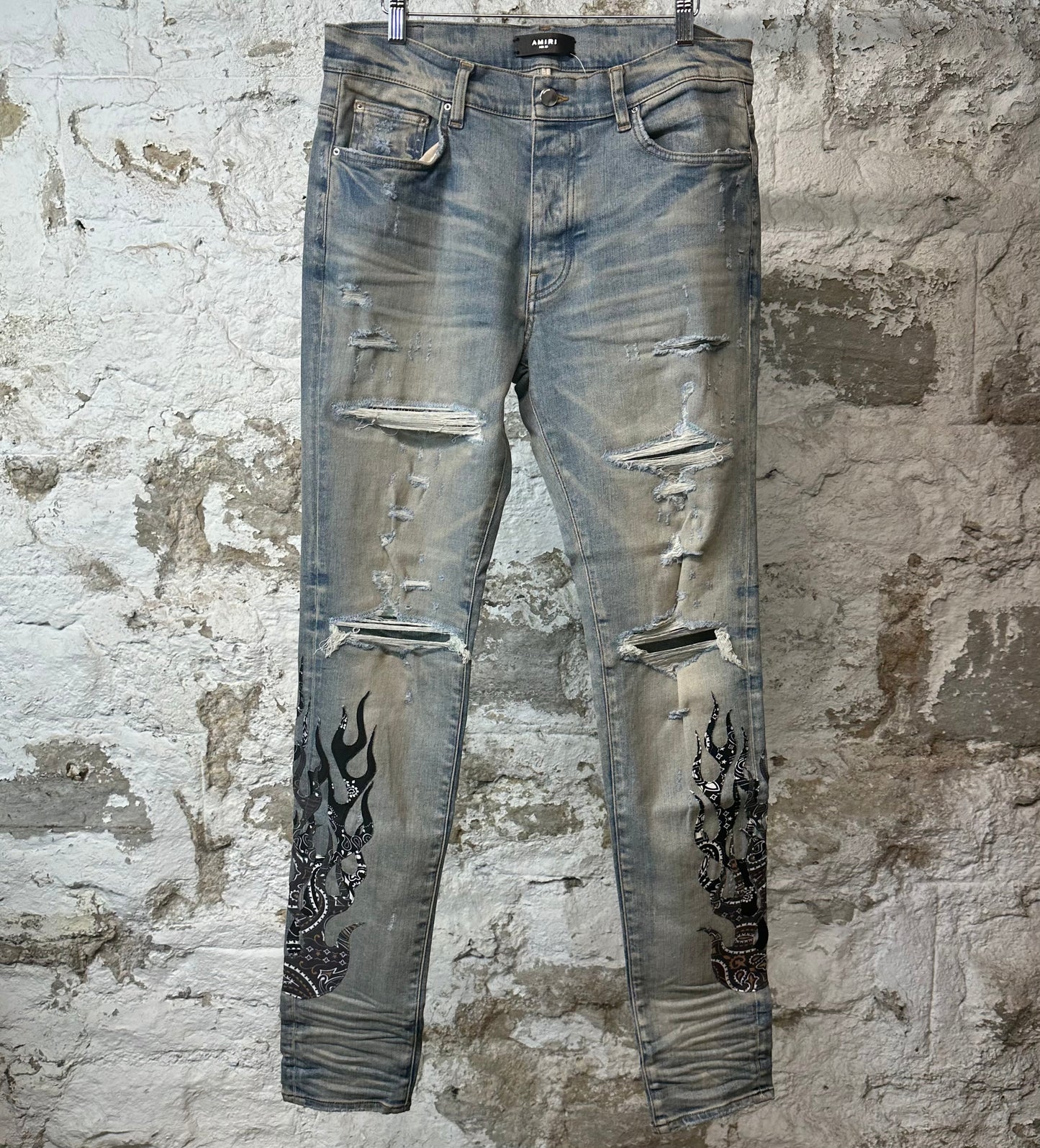 Amiri Black Grey Bandana Flames Blue Denim Jeans