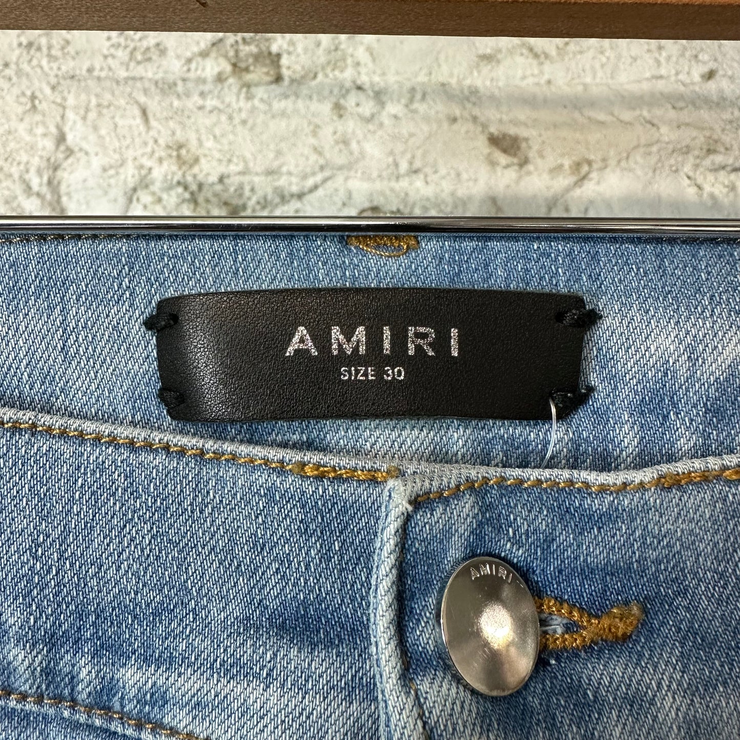 Amiri MX1 Black Leather Light Blue Denim Jeans Sz 30
