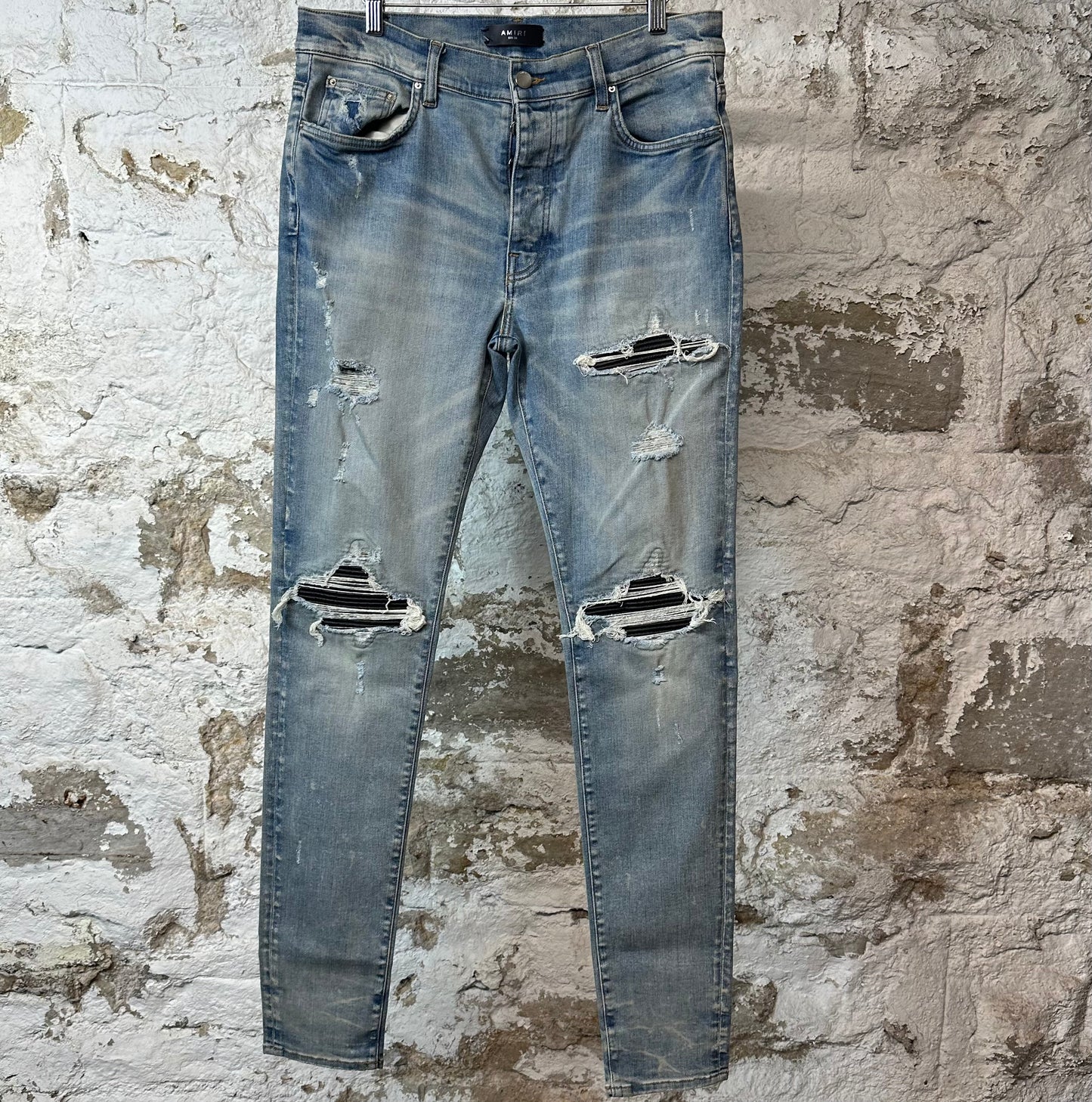 Amiri MX1 Black Leather Dark Blue Denim Jeans Sz 34