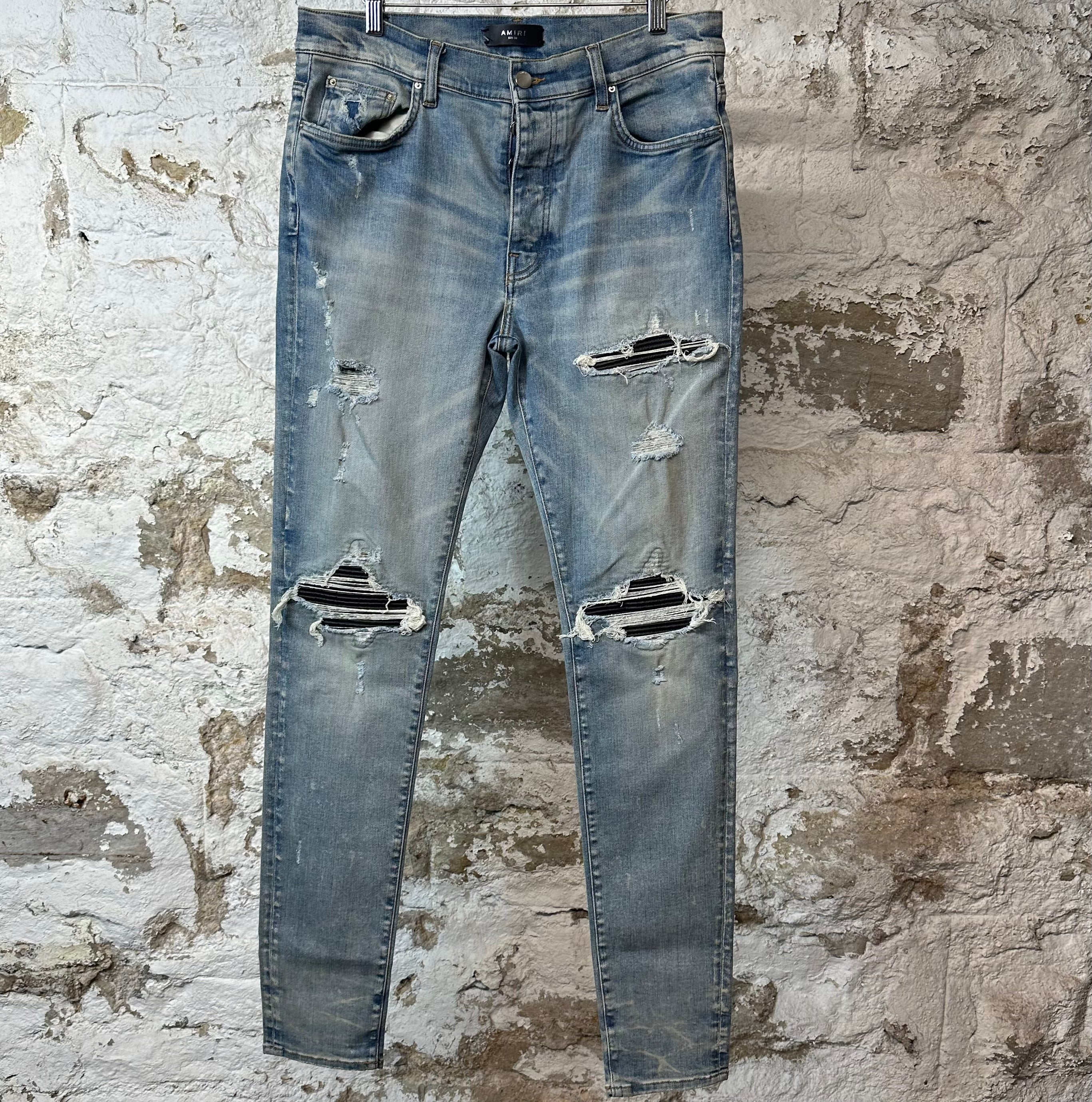 Amiri MX1 Black Leather Dark Blue Denim Jeans Sz 34