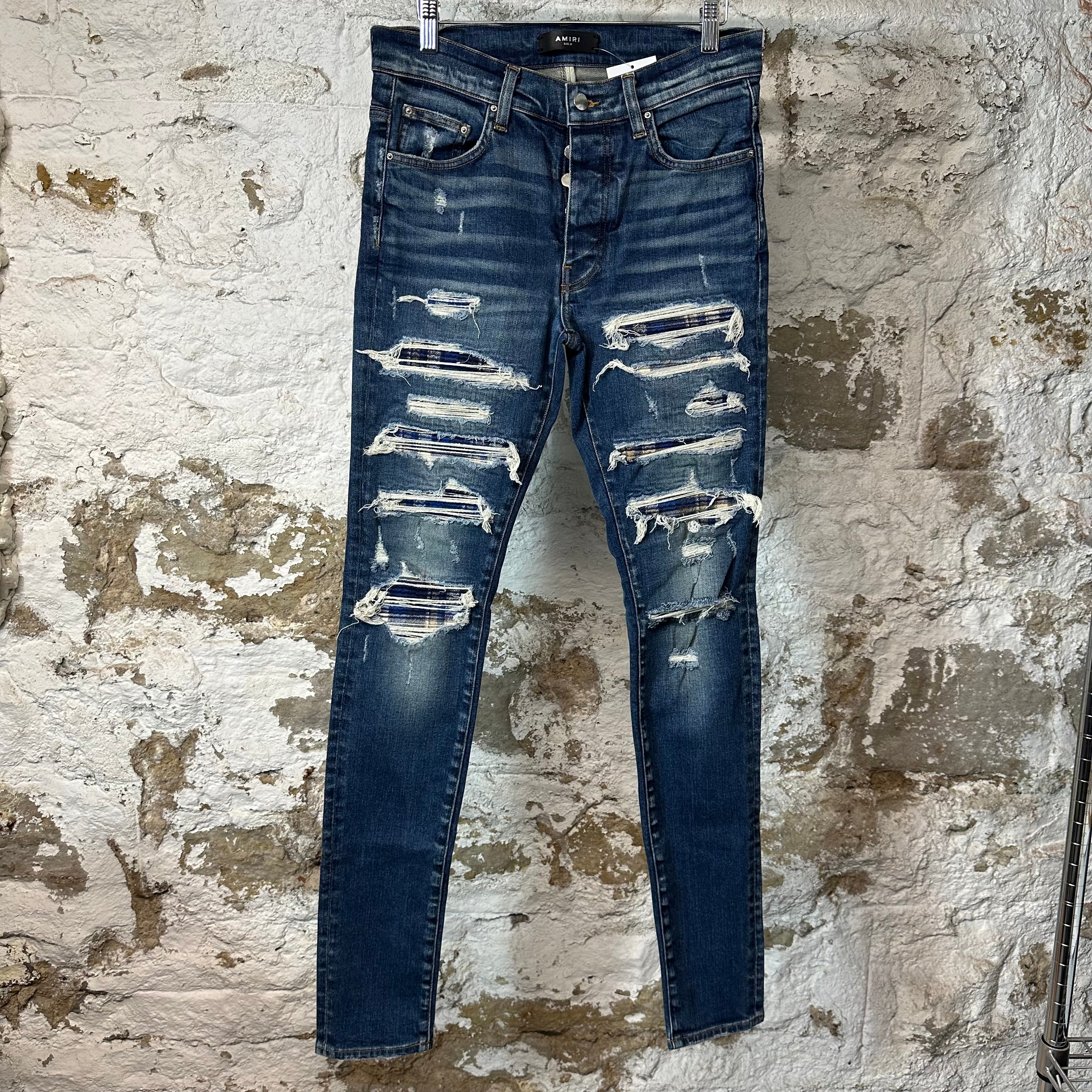 Amiri MX1 Blue Plaid Flannel Dark Blue Denim Jeans Sz 31