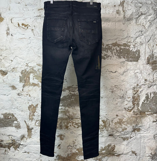 Amiri MX1 Camo Spell Patch Black Denim Jeans Sz 32